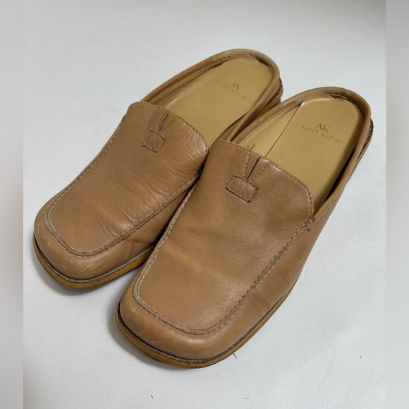 Anne Klein Shoes - Ann Klein camel tan leather loafers clogs flats square toe slip on mules size 7